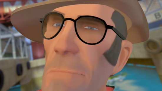 Team Frotress 2 microtransaction boycott: a cartoon man in a wide-brimmed hat with black glasses and a five o'clock shadow