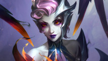 TFT Set 12 is complex, but it's the most rewarding one I've played: A pale woman with short pink hair wearing a silver plate-like mask across her red eyes looks into the camera smirking, spider-like tendrils on her back