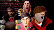 The TF2 cast standing with their mouths wide open in shock.