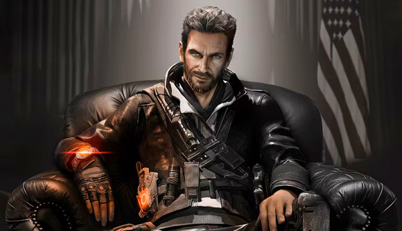 The Division 2: A man in a black leather coat with various gadgets strapped to him, sitting on a black chair with an American flag in the background