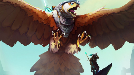Fantasy aerial combat game The Falconeer is free this week on Epic: A giant falcon flies in the air just in front of an armored figure.