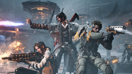 The First Descendant crossplay: three soldiers fight back to back against an unseen enemy.