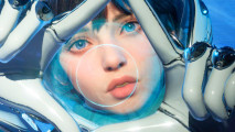The First Descendarn dev warning: a close up a girl making a frame with her hands, looking through them and a blue sci-fi interface
