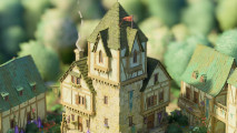 Chill castle building game Tiny Glade shows off new rustic structures: A castle and some rustic buildings sit in the greenery in Tiny Glade.