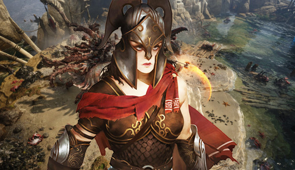 Upcoming ARPG sequel Titan Quest 2 takes inspiration from Diablo 3: An armored woman stands in front of a giant fight against a crab.