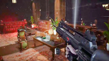 Trepang2 is the best FPS in years, and now it's cheaper than ever: A machine gun shoots in a room with a wood table, bookshelves, and plants, from Trepang2.