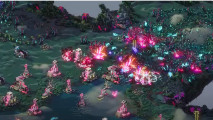 Warcana release date: A screenshot from a huge battle in an RTS game with bright, neon laser attacks flashing across the battlefield
