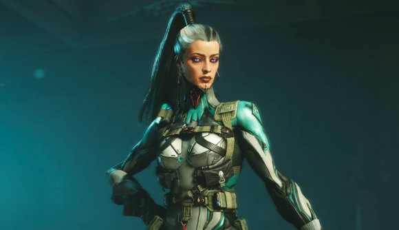 Warframe 1999 is locked behind hours of grind, but DE might have a fix: A pretty woman with black and silver hair tired back in a high ponytail, wearing a skin-tight suit looks into the camera with pink eyes