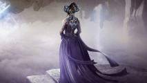 Warframe is getting two huge updates, and a much-needed rework: A woman wearing a wide, ethereal headdress and a long purple skirt looks out over a cloudy landscape