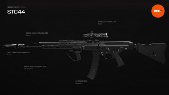 Watzone STG44 loadout: a large black asdsault rifle with a scope attachment.