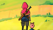New indie RPG Wildaria blends Terraria and Stardew Valley - An adventurer in a red hood looks out across fields with a pig by their side.
