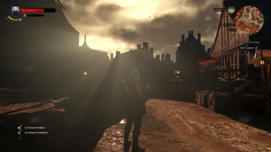 Witcher 3 mods: a man with white hair stands in the middle of a town square.