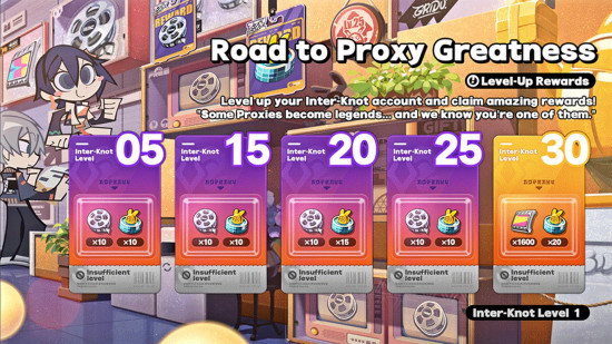 The menu card for Road to Proxy Greatness, one of the Zenless Zone Zero events.