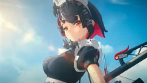You can get free Zenless Zone Zero polychrome by clicking a button: An anime girl with black short hair, red underneath, wearing a maid outfit looking across her shoulder as the sun shines in a blue sky
