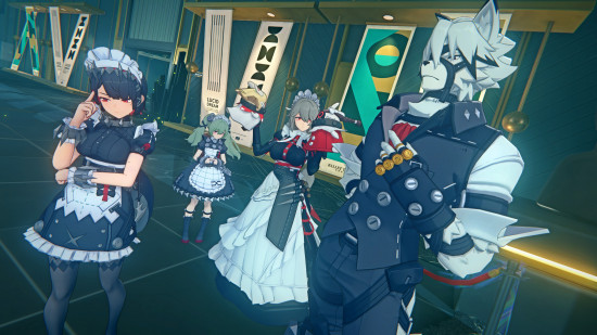 Zenless Zone Zero preview: Lycaon, Rina, Corin, and Ellen stand together as one united front to represent the Victoria Housekeeping Co. faction.