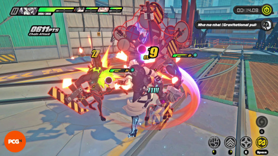 Zenless Zone Zero review: Lycaon attacks a mob of Ethereals in a Hollow as different damage counters populate around him.