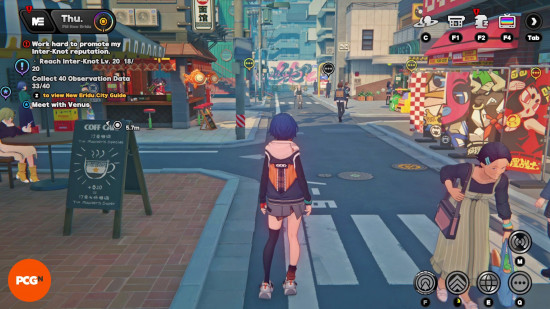 Zenless Zone Zero review: Belle stands on a crossing in Sixth Street as fellow residents go about their daily business, either sitting at Coff Cafe or at General Chop's noodle bar..