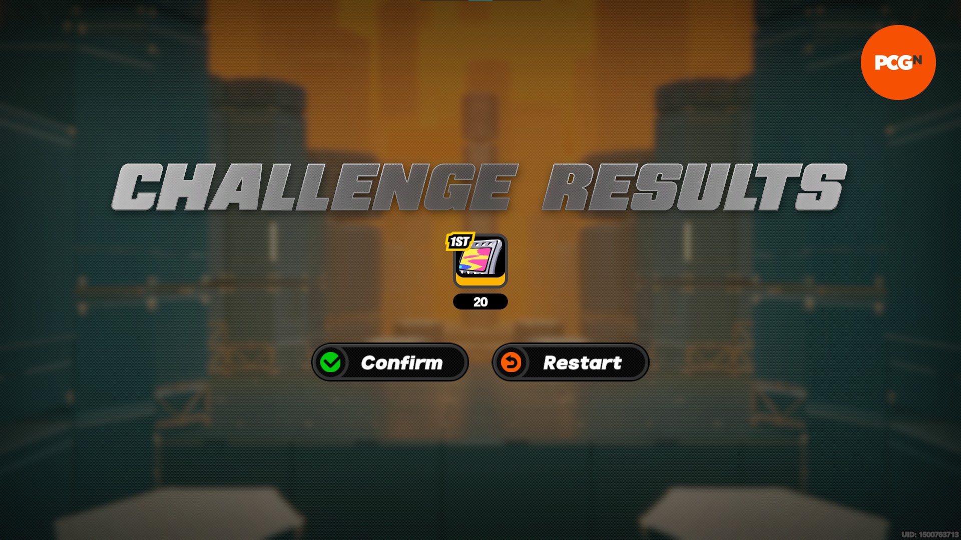 The "Challenge Results" screen after completing an Agent Demo, showing a reward of 20 Zenless Zone Zero Polychrome.