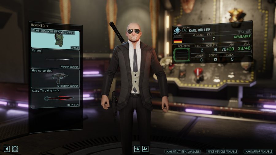 a man in a suit with knives and guns