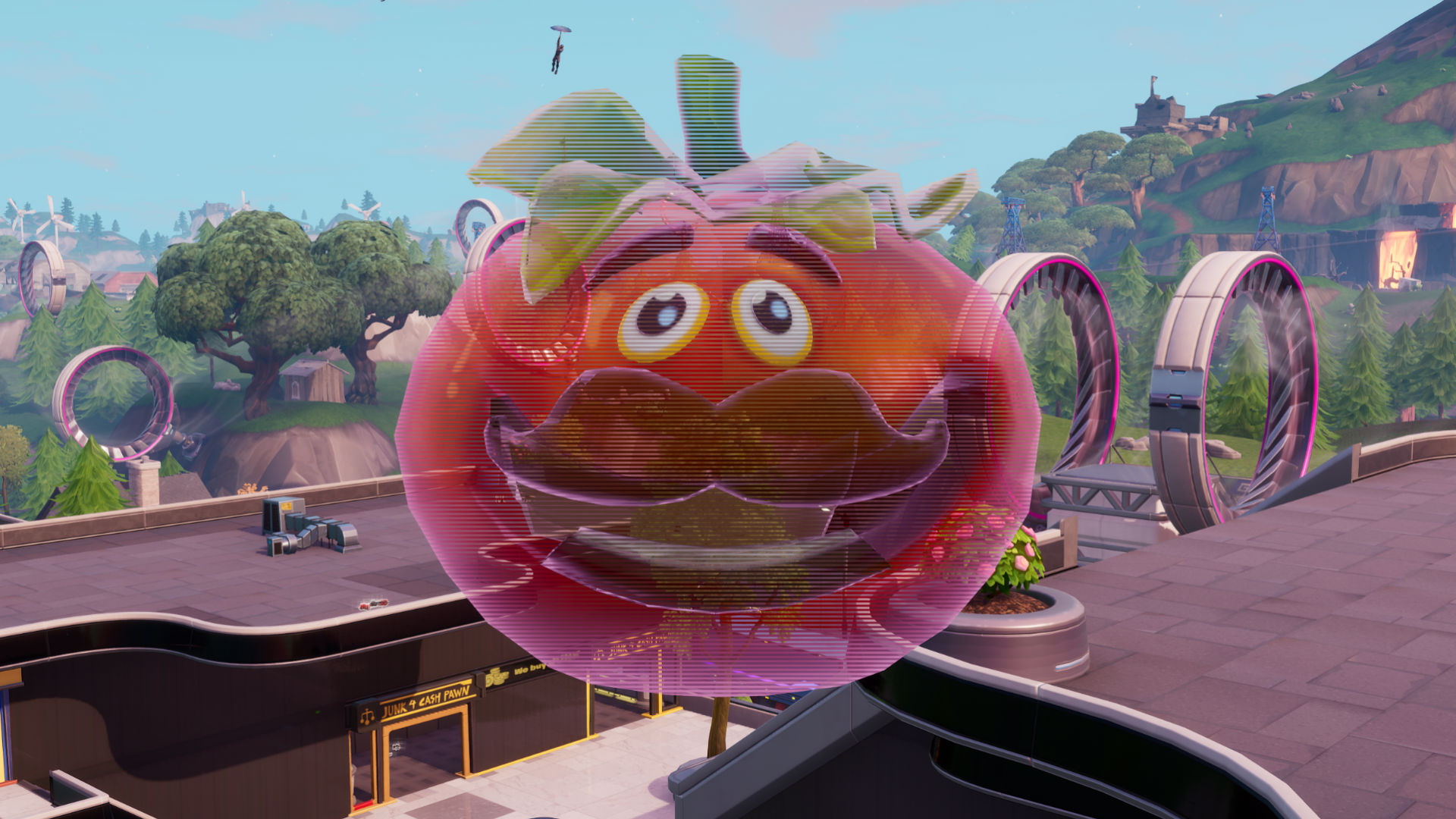 Where Is The Giant Holographic Tomato Head In Fortnite Fortnite Dance Inside Holographic Tomato Head Holographic Durr Burger Head Giant Dumpling Head Pcgamesn