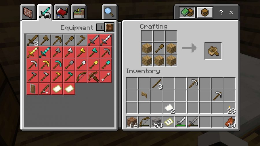 This is the boats recipe for Minecraft Bedrock edition. It's the same as the Java edition (three wood planks at the bottom and two on the left and right spaces in the middle row), but it also includes a wooden shovel in the middle block on the middle row.