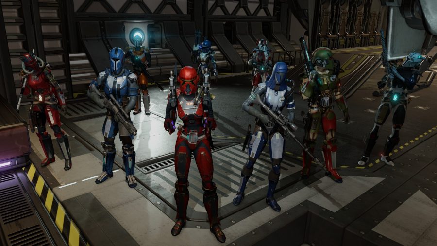 XCOM 2 soldiers in Mandalorian gear pose on the gangway