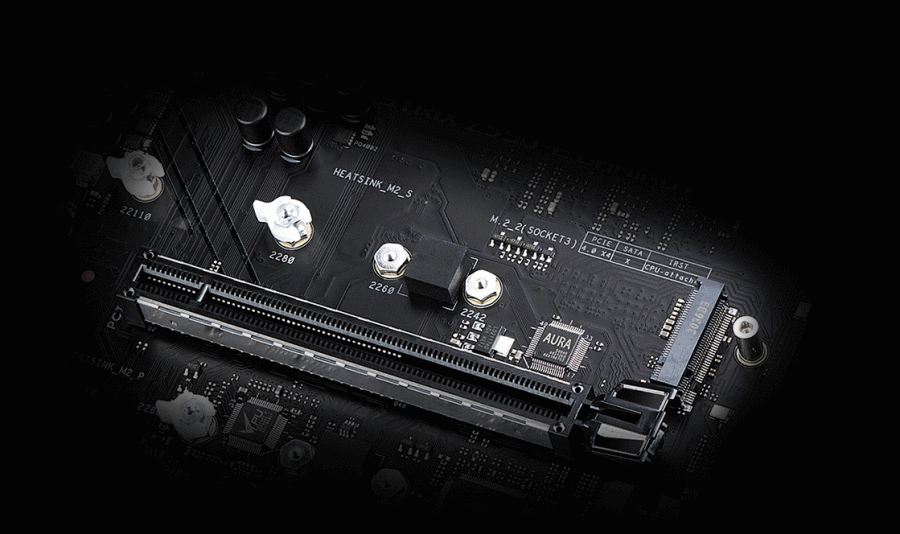 Asus showcases how its new M.2 Q-Latch motherboard mechanism works with an animated GIF, swivelling the piece of plastic to clasp the NVMe drive in place 