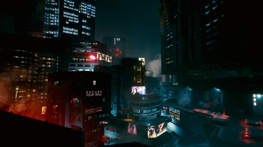 Night city view at night from a rooftop in Cyberpunk 2077