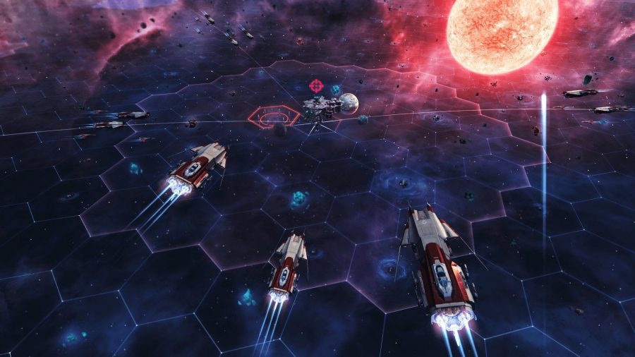 Three heavy cruisers approach a station in Starborne, one of the best 4X games