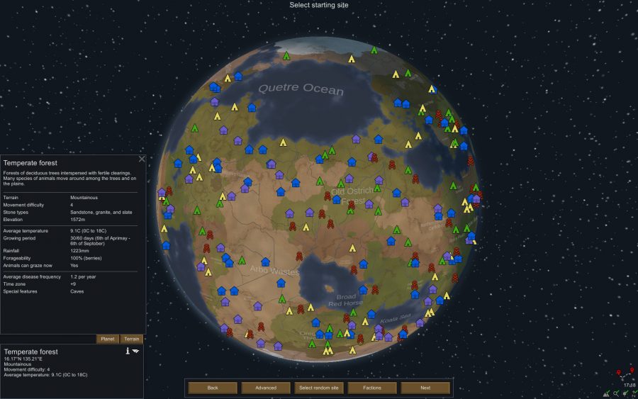 The best Rimworld mods: the world map in showing the locations of settlements