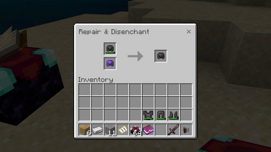 Using an enchanted helmet in a Minecraft grindstone with a damaged unenchanted helmet to make a new helmet.