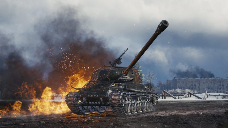 best multiplayer games: a tank pointing towards the sky on a snowy landscape