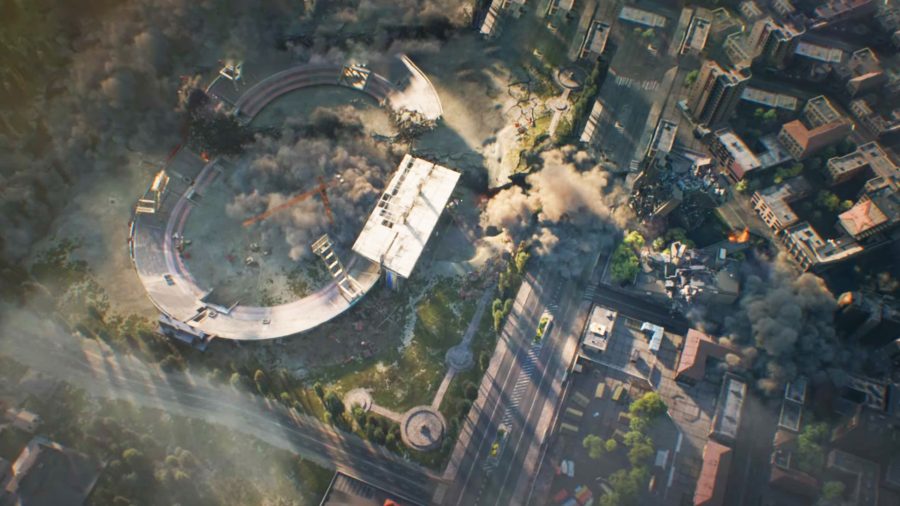 Multiple bombs exploding downtown '80s Verdansk in the Call of Duty Warzone cinematic trailer