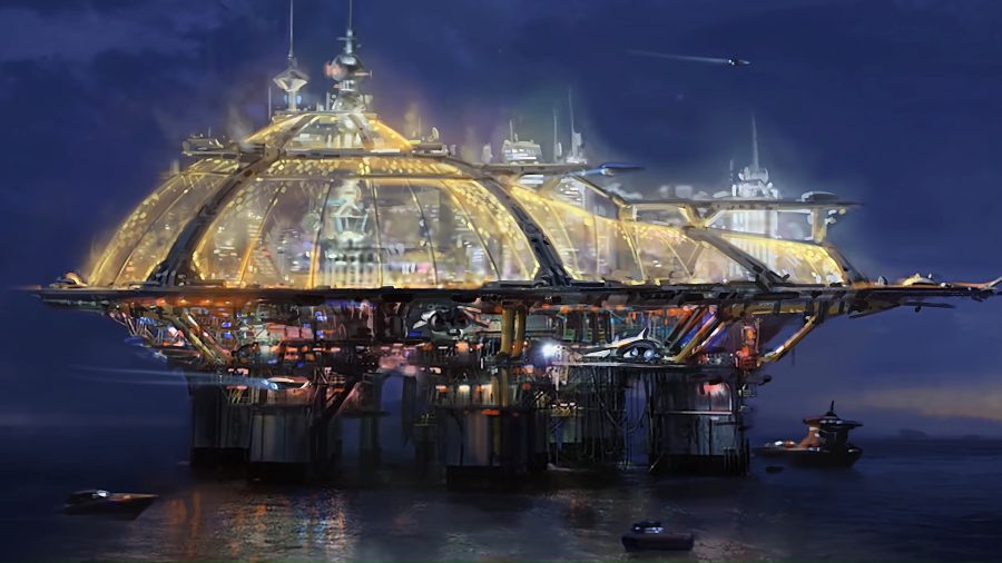 Concept art for the pleasure city of Neon, which sits atop water. One of the many Starfield cities