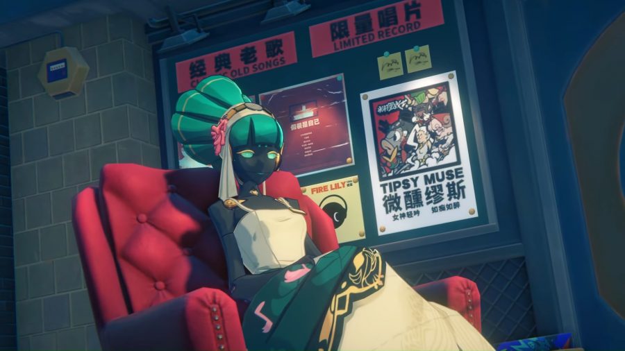 Ένας πιθανός χαρακτήρας Zenless Zone Zero, μια κυρία ρομπότ με πράσινα σαλόνια μαλλιών σε μια καρέκλα