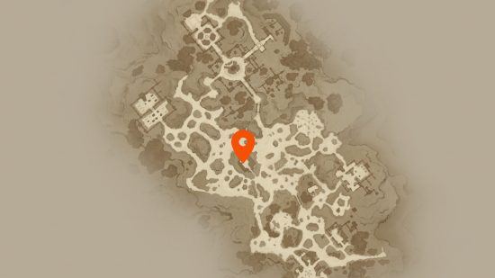 Diablo Immortal Ancient Nightmare location and boss fight: A map of the Mount Zavain zone in Diablo Immortal with a pin placed in the centre of the Misty Valley area which the Ancient Nightmare patrols in a circular fashion