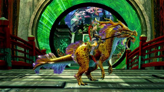 Guild Wars 2 Twitch drops and how to claim: Knight in shining armor riding a golden Chinese dragon with a circular jade arch behind him.