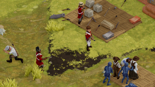 Redcoats fight fish-men in the streets of a small, primitive settlement.