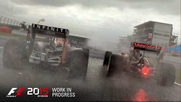 Two F1 cars go side-by-side through the rain.