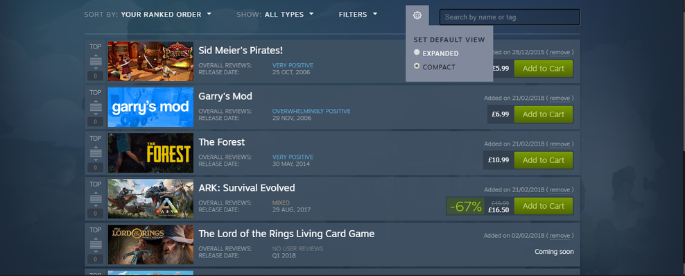 Steam Wishlist now has a compact mode